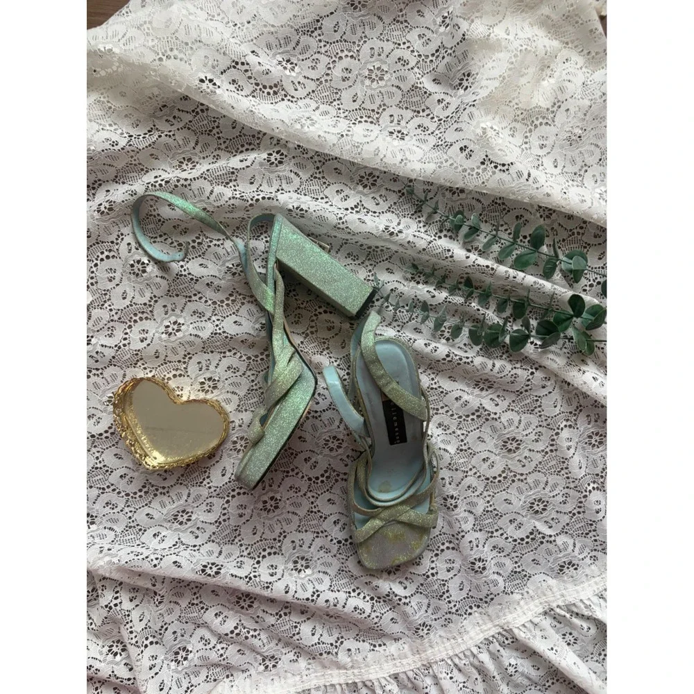 Ellemenno Sakura Vintage Light Blue Glitter Platform Block Heel Sandals‎ 8M